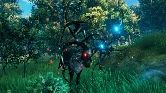 A Valheim screenshot of Eikthyr, the first boss, standing against a Meadows backdrop.